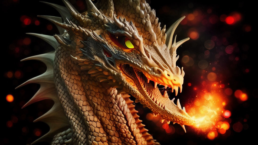 Fiery dragon with scales and sharp teeth breathing flames on dark background