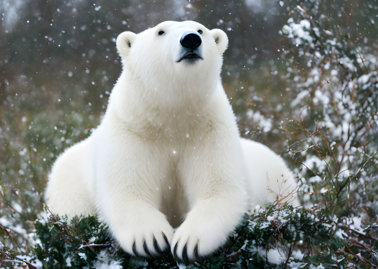 Polar bear resting on snowy shrub under falling snowflakes