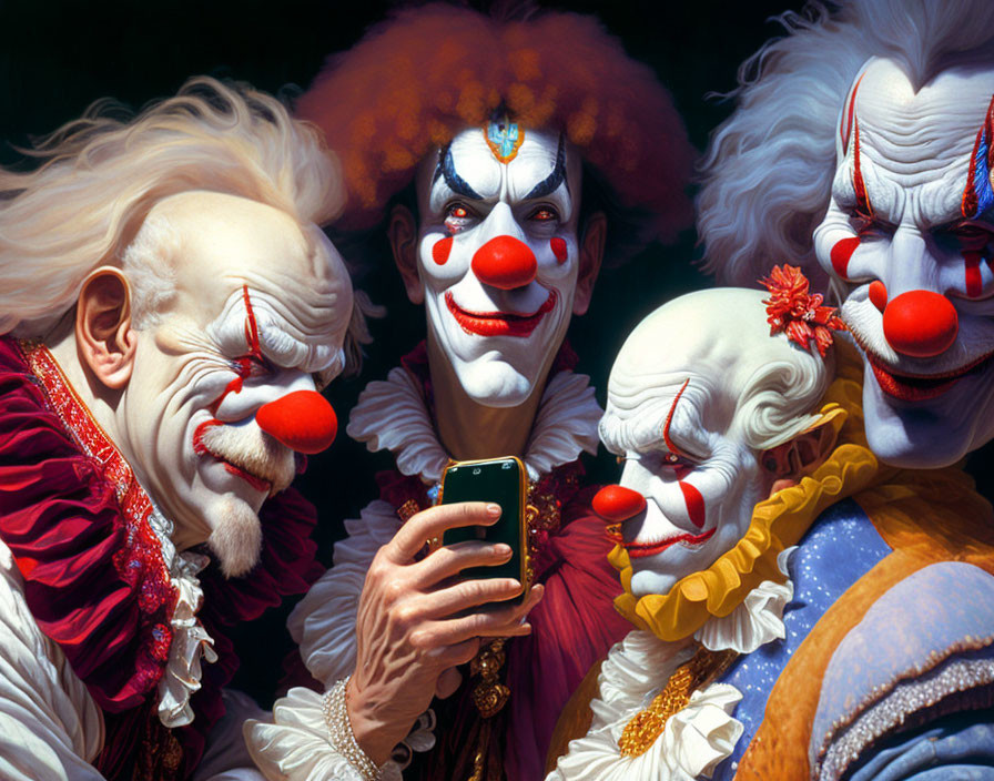 Four clowns in colorful makeup and costumes with a smartphone showcasing different expressions