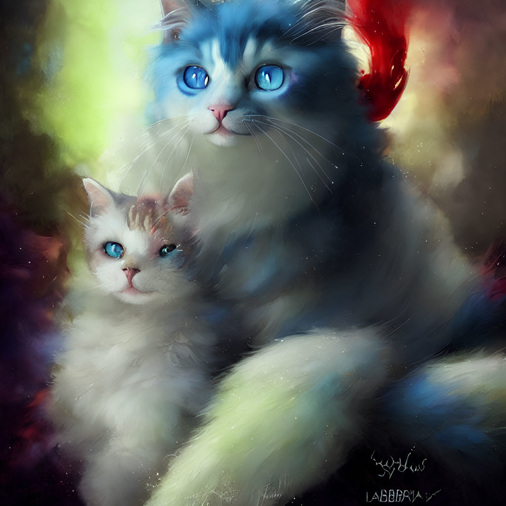 Fluffy cats with blue eyes on colorful, nebulous background