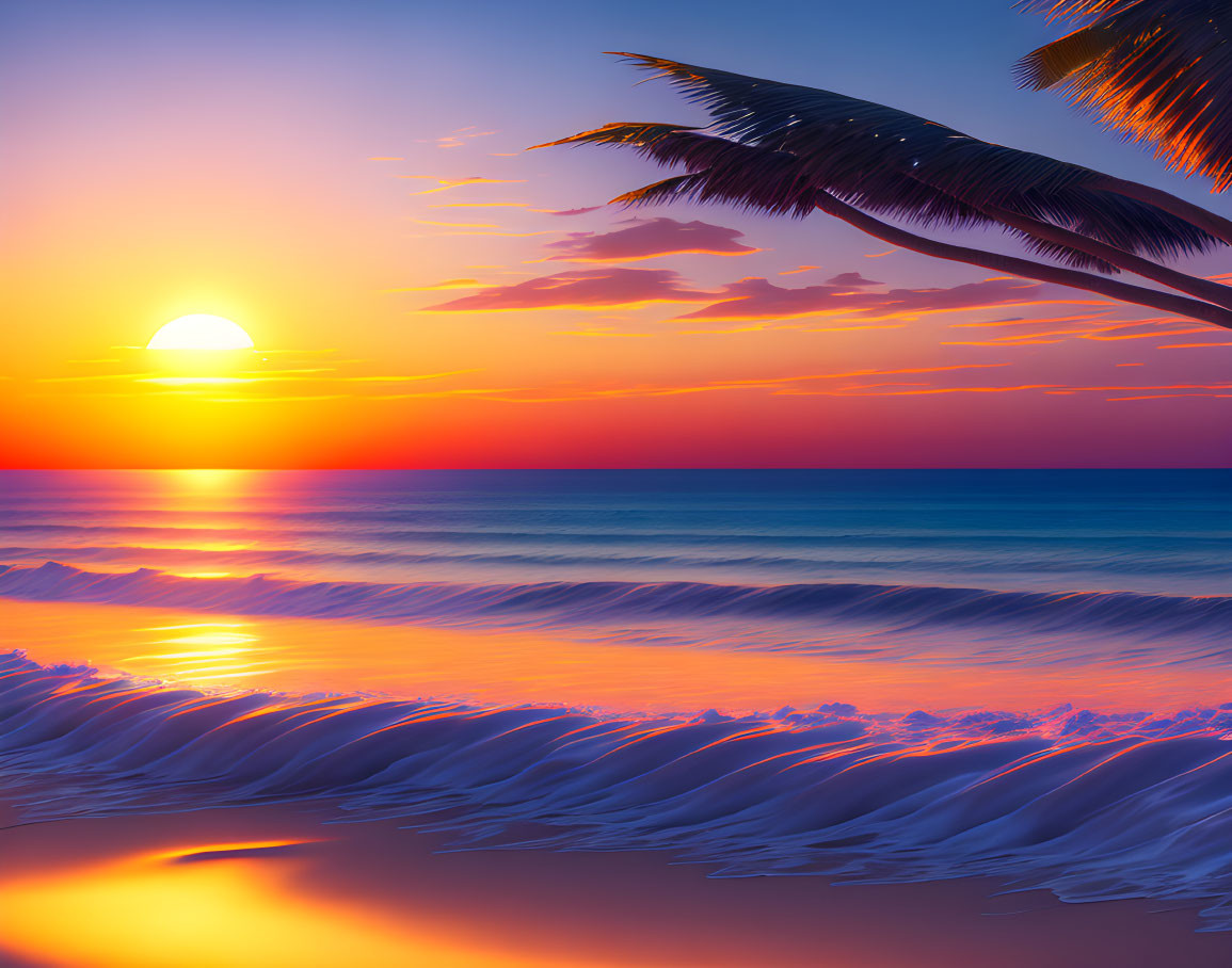 Tranquil Beach Sunset with Orange and Purple Skies