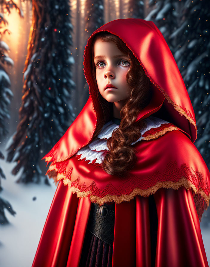 Young girl in red hooded cloak with gold trim in snowy forest twilight