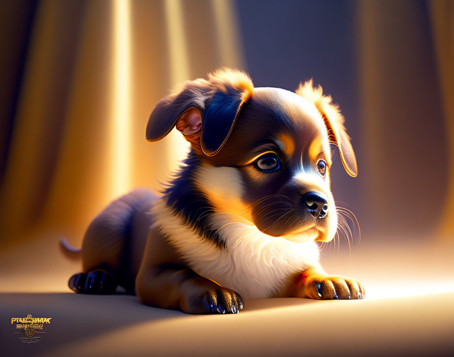 Adorable digital artwork: Puppy with black and tan fur, big eyes, and floppy ears