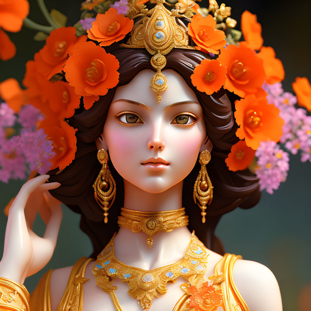 3D illustration of woman with ornate gold jewelry and headdress with orange flowers