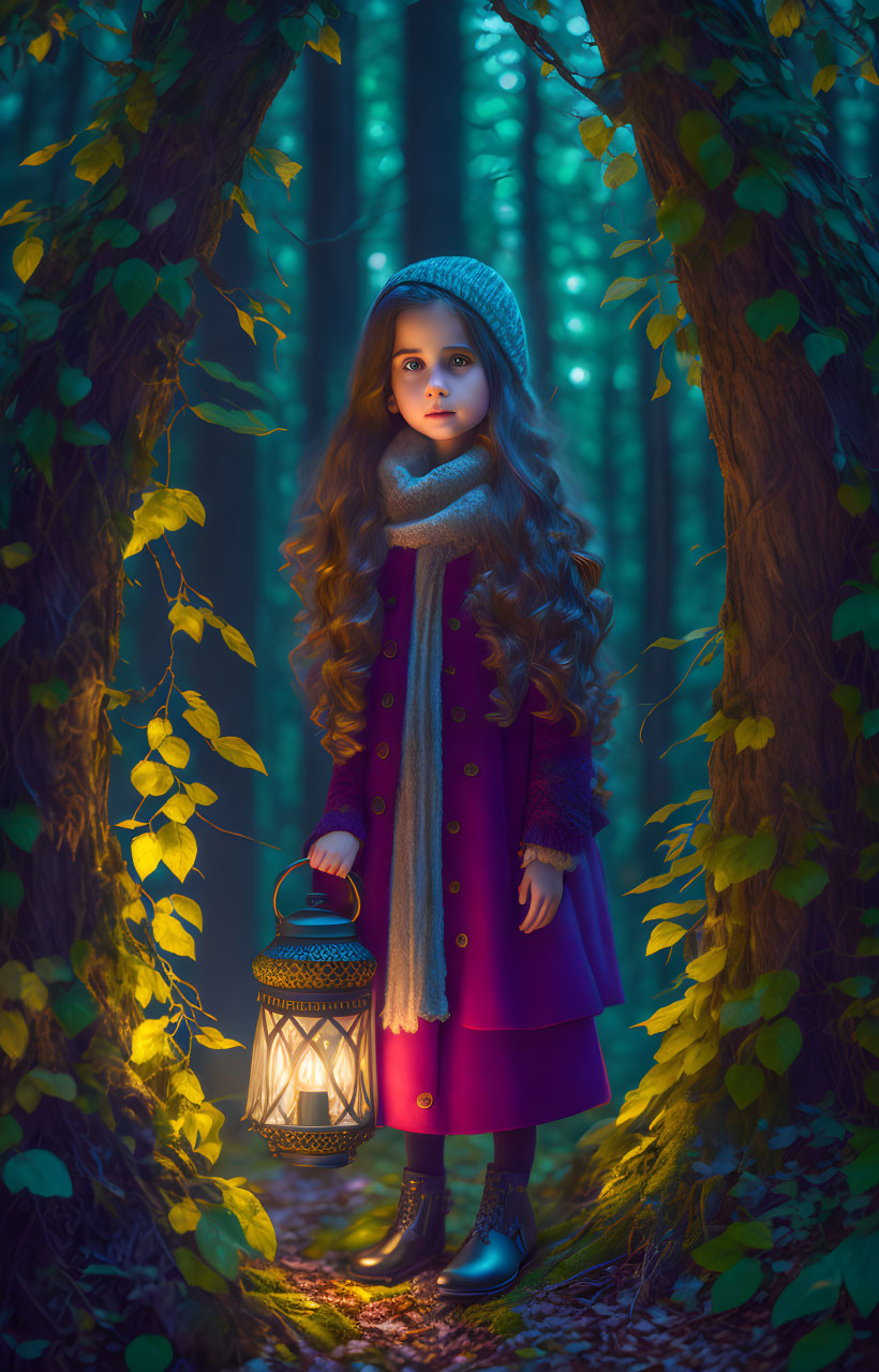 Young girl in purple coat holding lantern in enchanted forest with glowing lights and ivy-covered trees