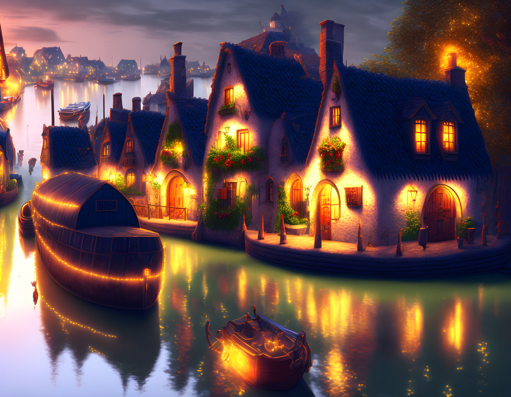 Scenic riverside village at twilight with cottages, flowers, boats, and warm lights