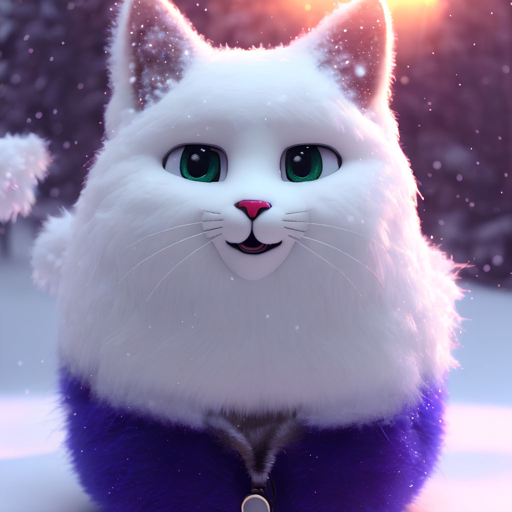 White Cat with Green Eyes in Snowy Landscape with Purple Collar