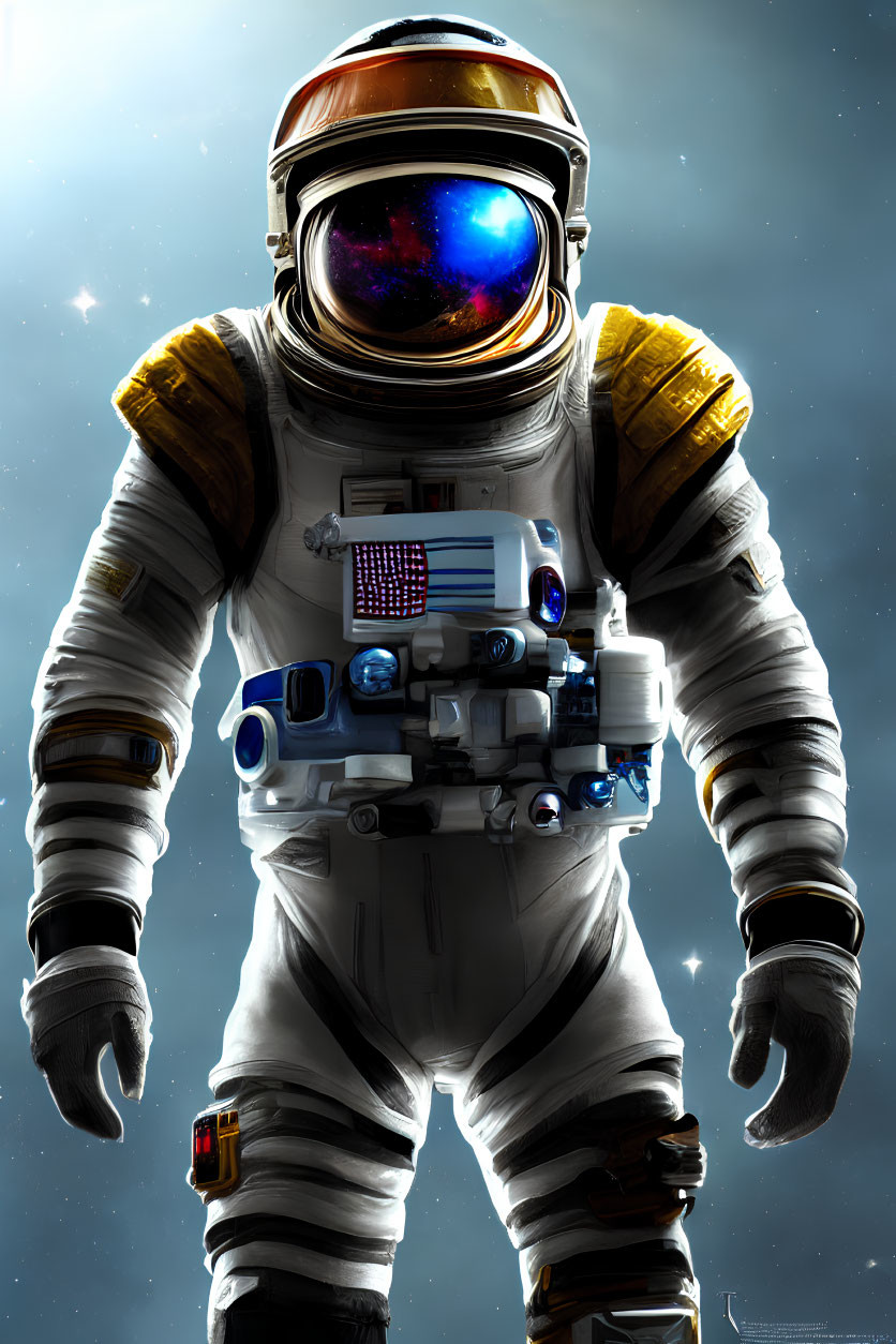 Astronaut in American flag spacesuit against starry backdrop.