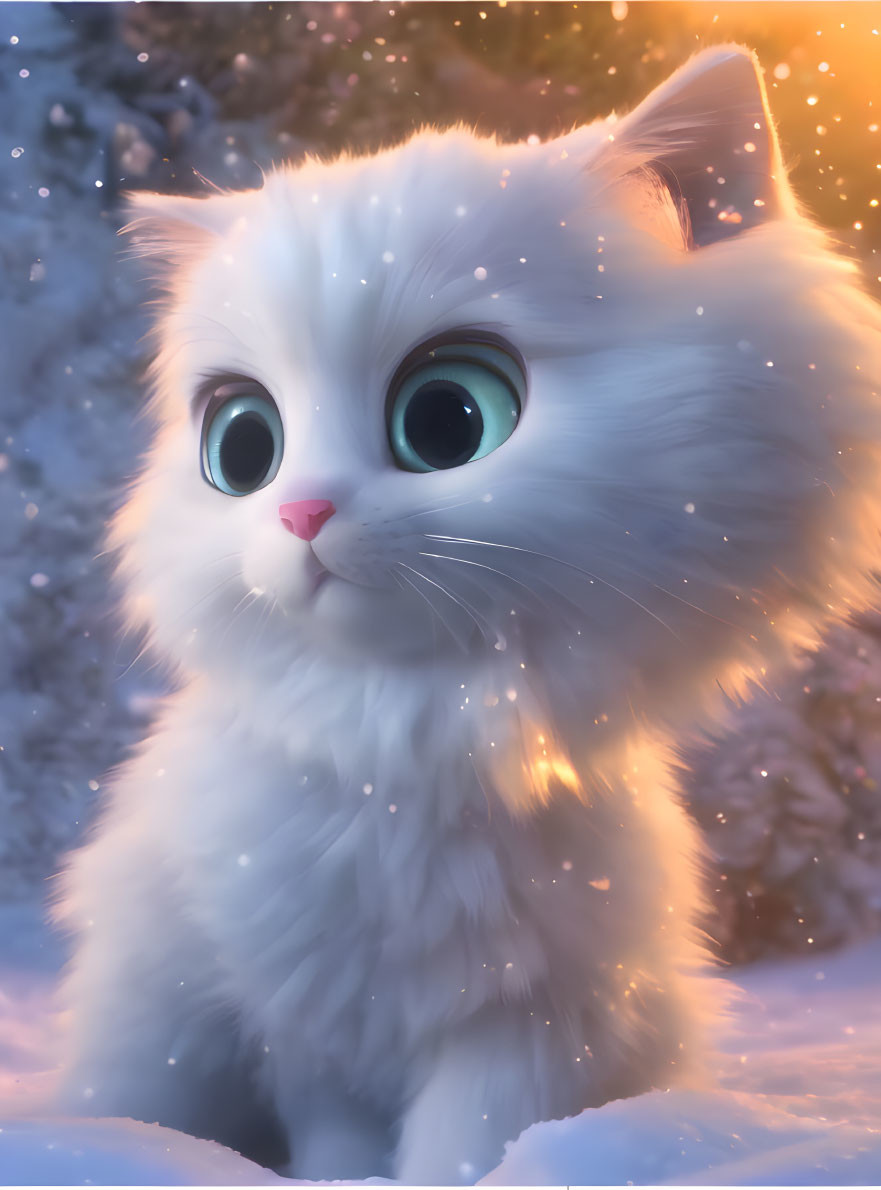 Fluffy White Cat with Green Eyes in Snowfall