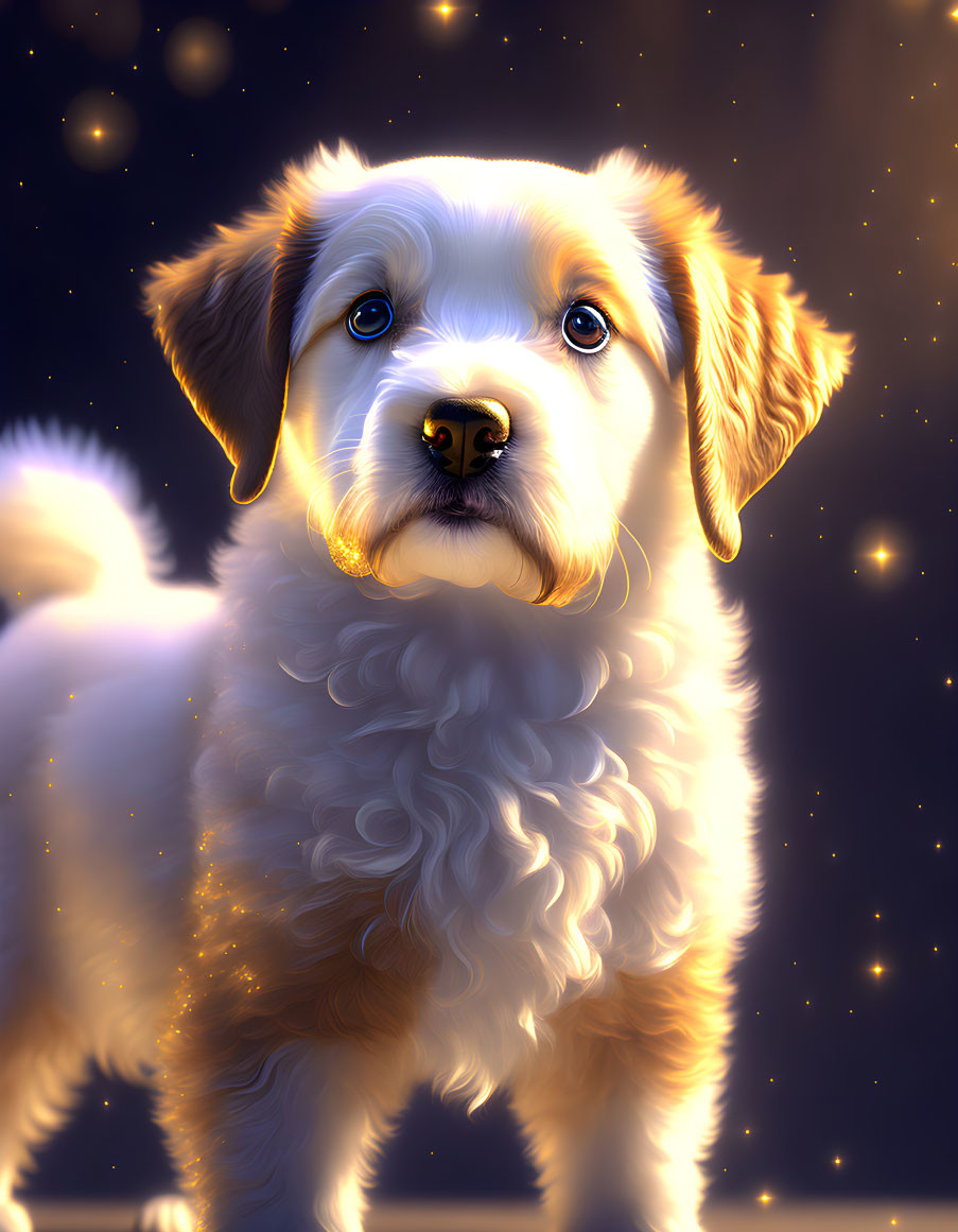 Golden puppy with sparkling fur under starry sky