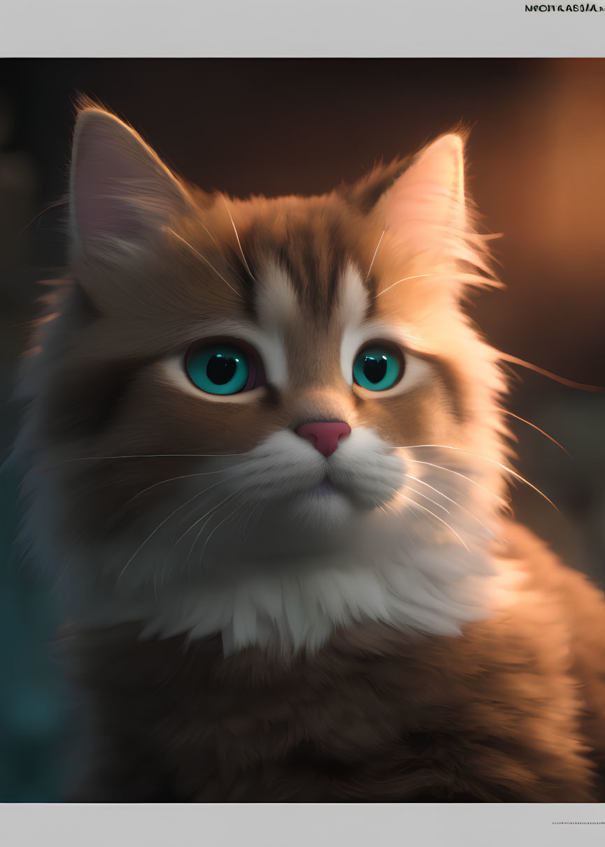 Fluffy cat digital artwork with teal eyes and warm lighting