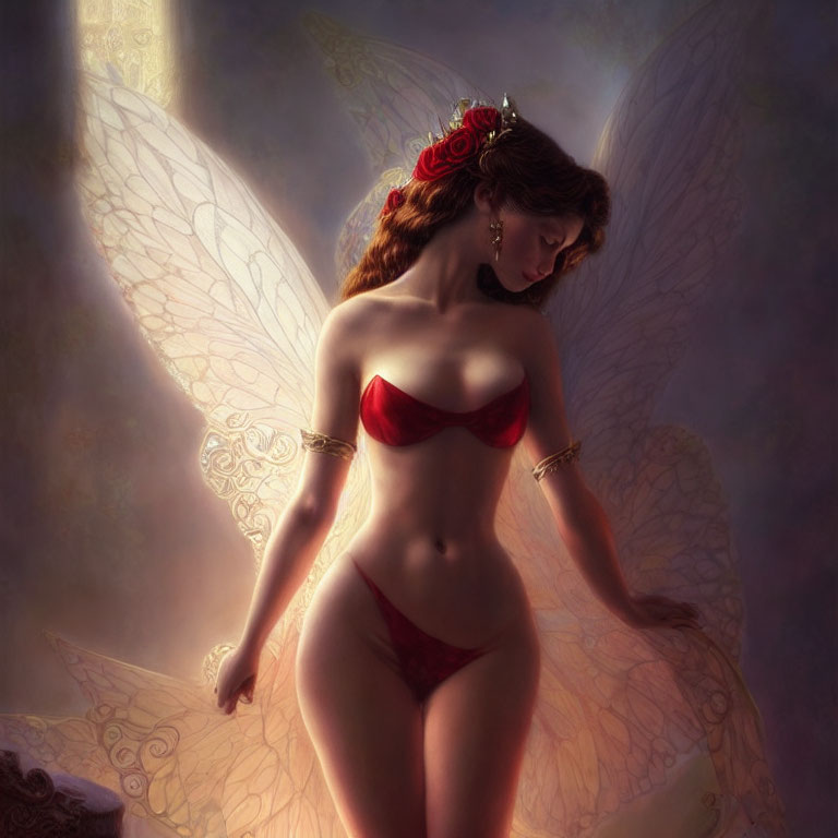 Digital Artwork: Female Figure with Translucent Wings, Red Bikini, Rose Headpiece, Golden