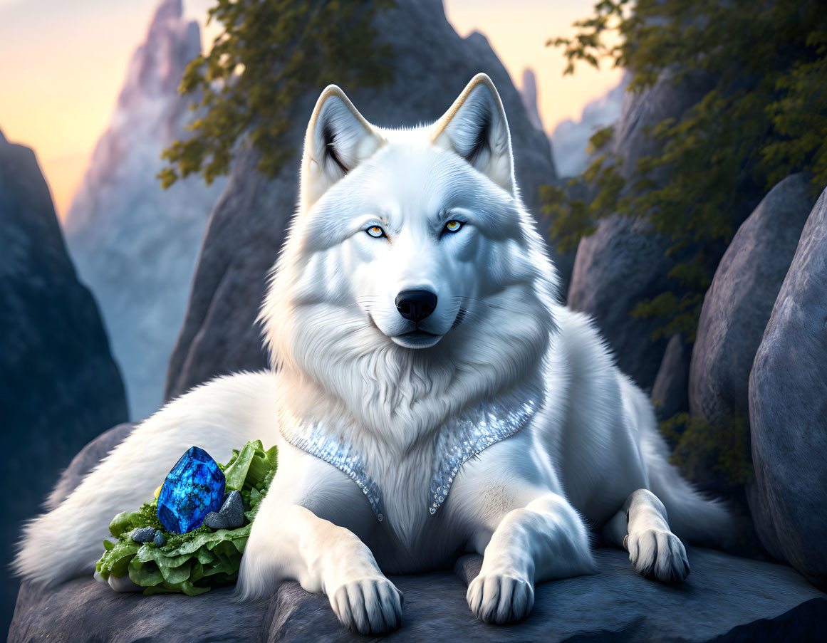 White wolf with blue eyes on rock with silver necklace and blue gem in mountainous terrain