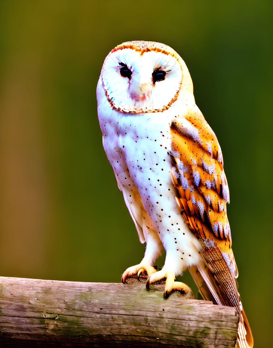 Barn owl perched on wooden beam with heart-shaped face