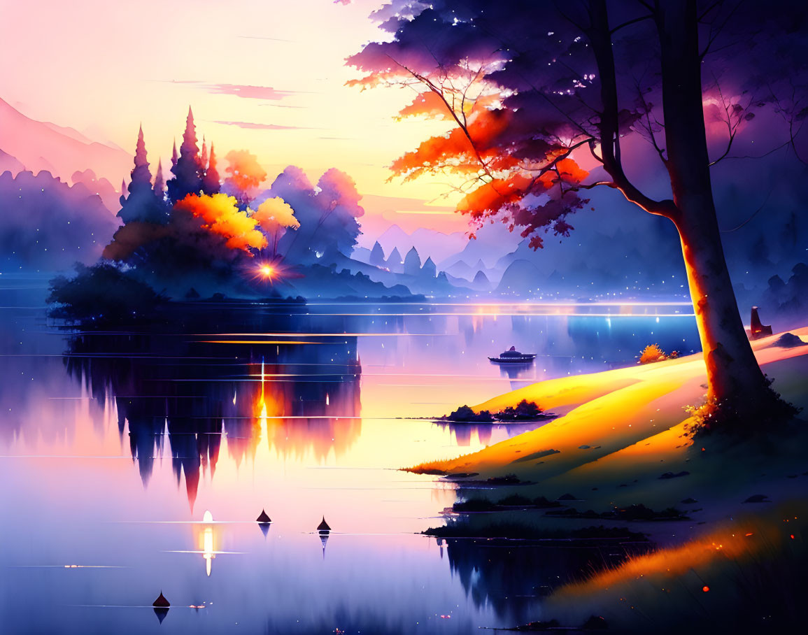 Colorful digital artwork of serene lakeside scene at dusk