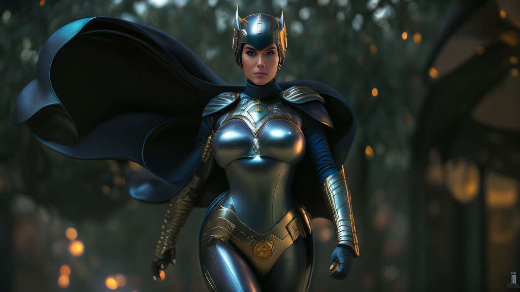 Female superhero in metallic suit and cape in twilight forest setting