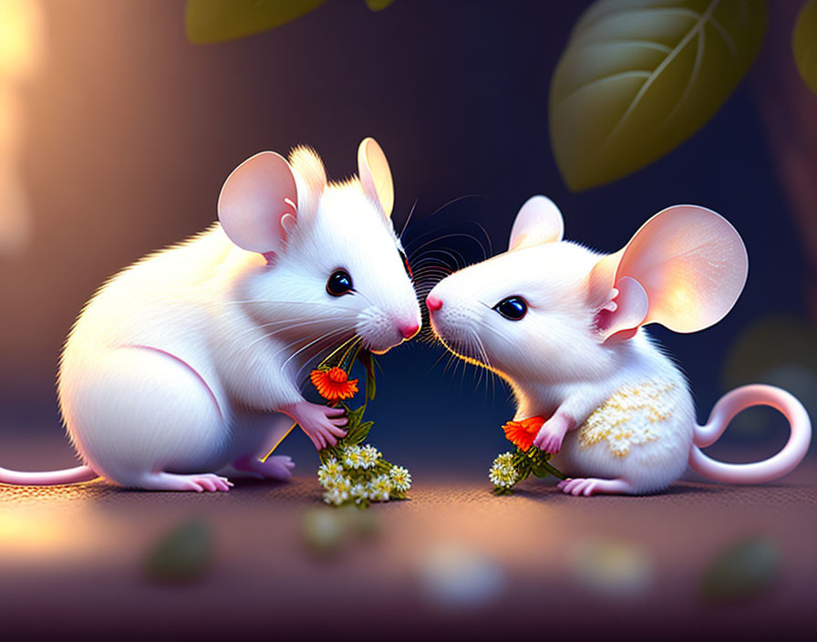 Romantic animated mice with flowers on dark background