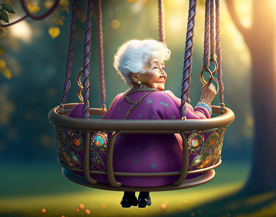 Elderly woman with white hair swings on circular swing in sunny park