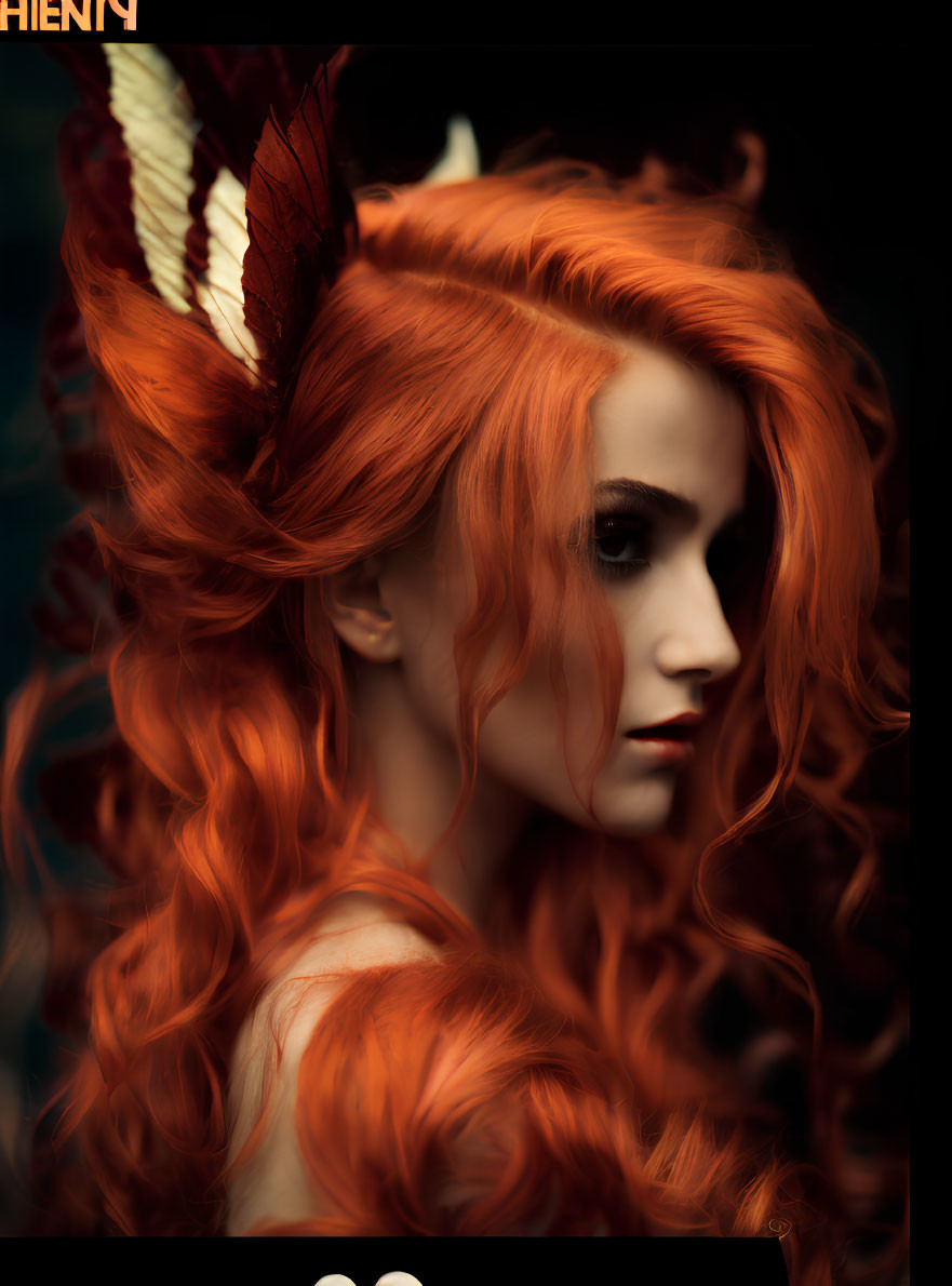 Fiery red-haired woman with butterfly on dark background