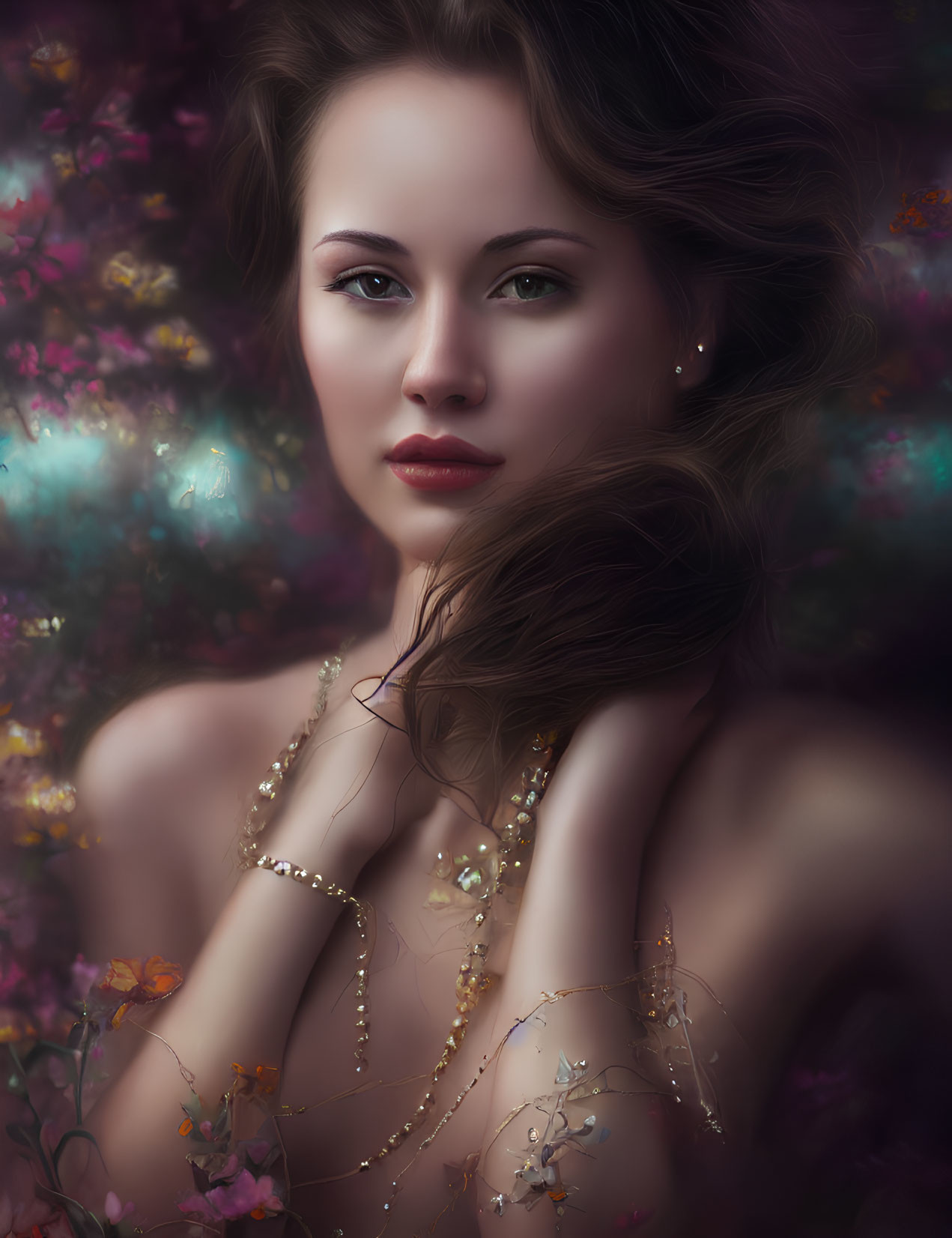 Woman's portrait with windswept hair and gold jewelry amid colorful flowers