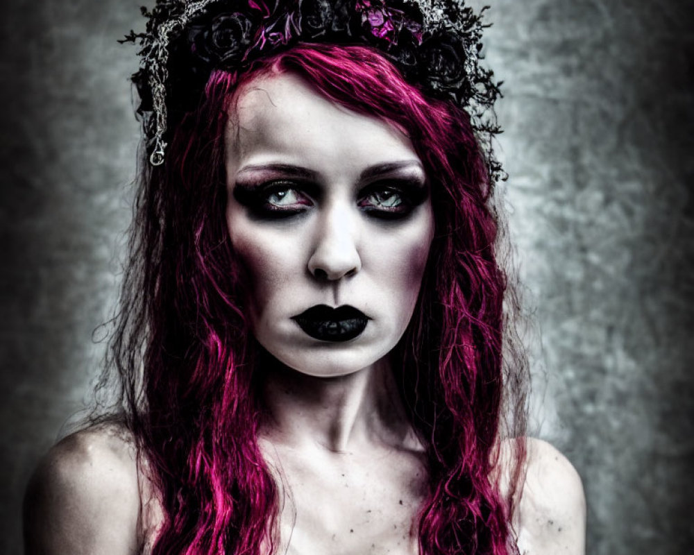 Red-Haired Person in Dark Makeup with Black Crown and Somber Expression