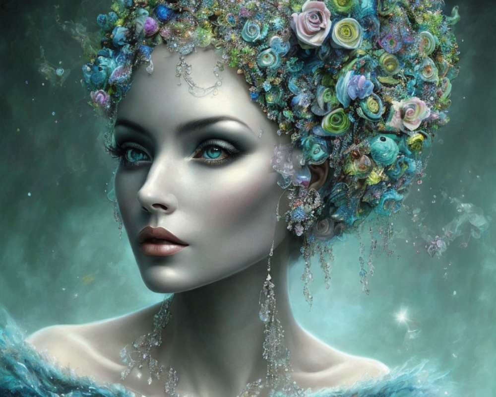 Fantastical female with floral wreath and crystal accessories in icy blue gown