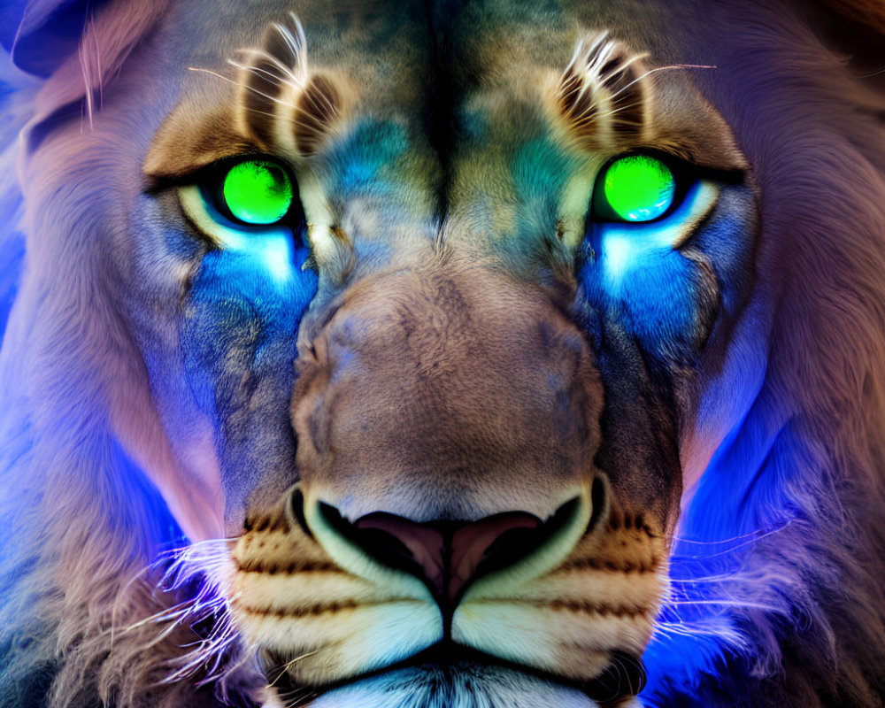 Vivid Lion Face Digital Art with Neon Eyes