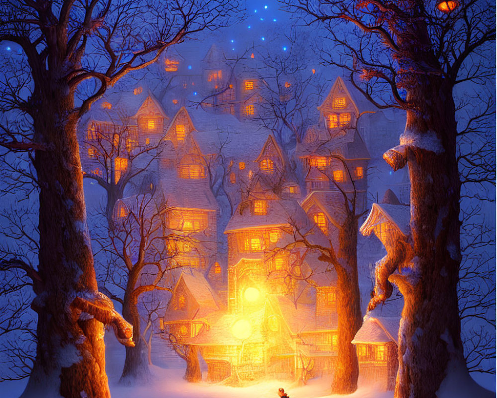 Illustration of lit-up house in snowy night landscape with figure