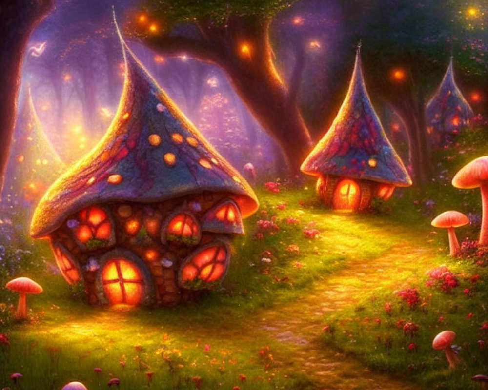 Forest scene with whimsical mushroom houses and glowing lights