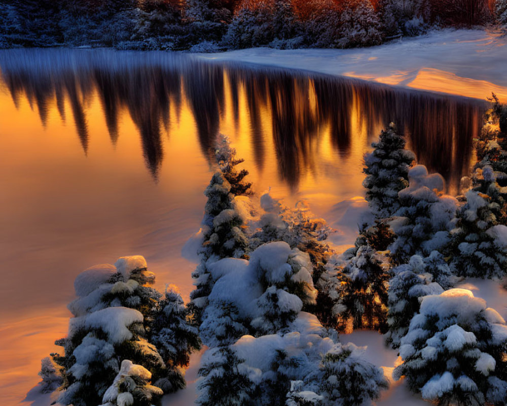 Snow-covered evergreen trees in tranquil winter sunset scene by still lake