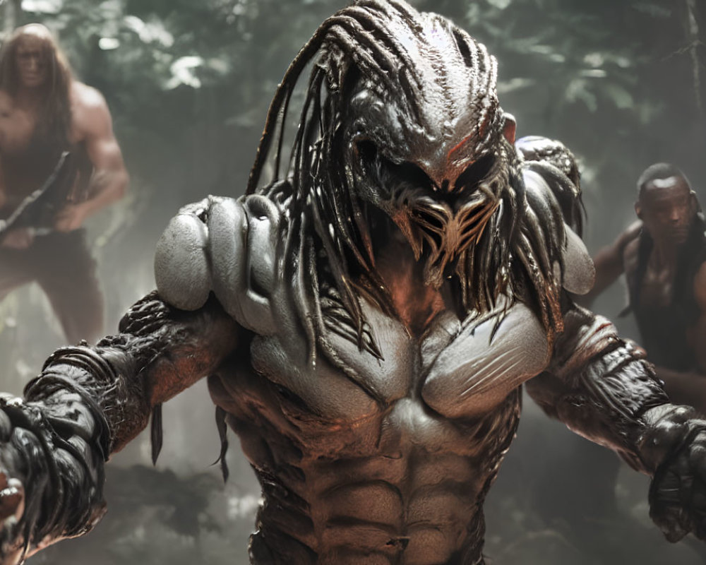 Menacing Predator in Misty Jungle with Muscle-Bound Warriors