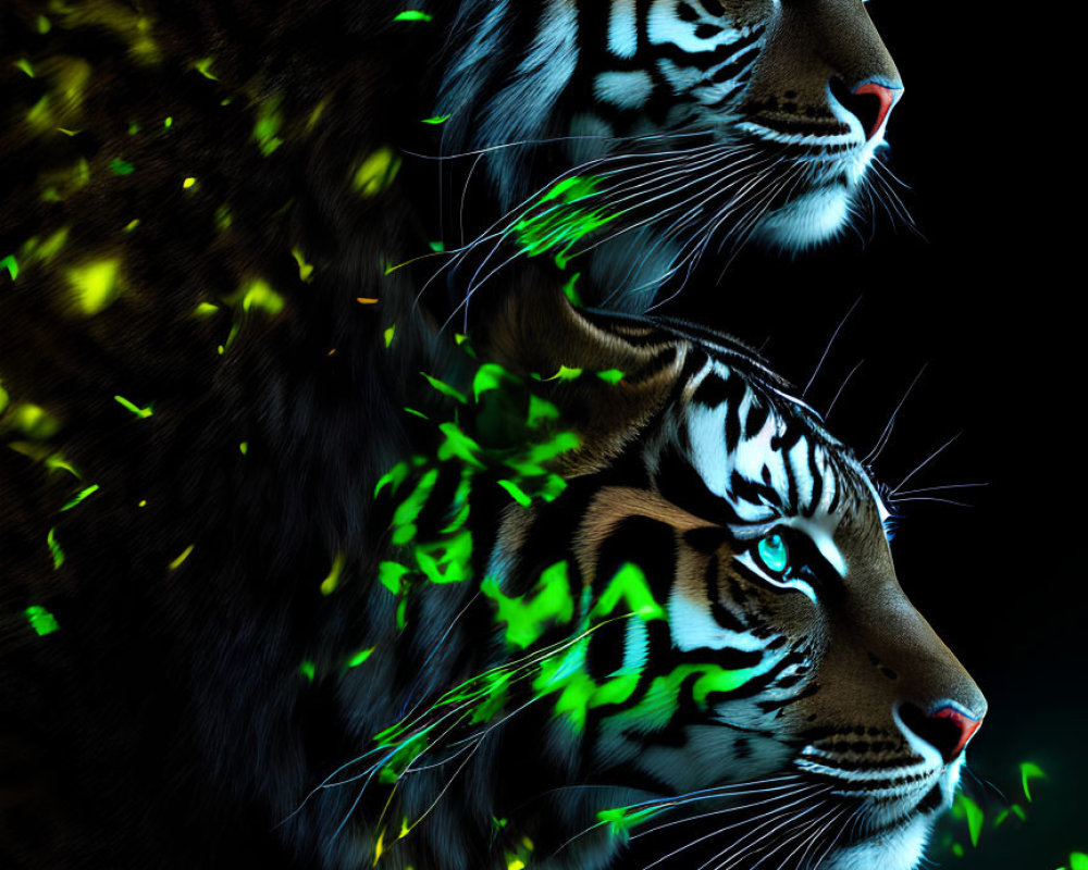 Glowing green patterned tigers on black background with floating speckles