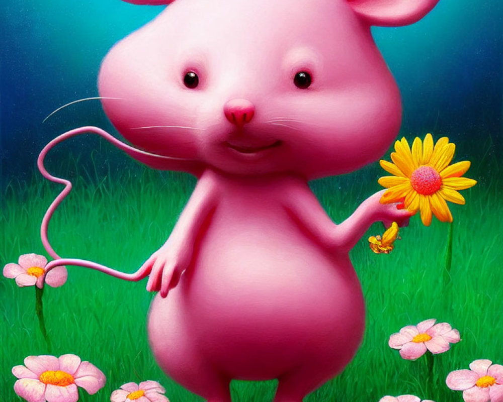 Cheerful Pink Cartoon Mouse with Yellow Daisy in Field