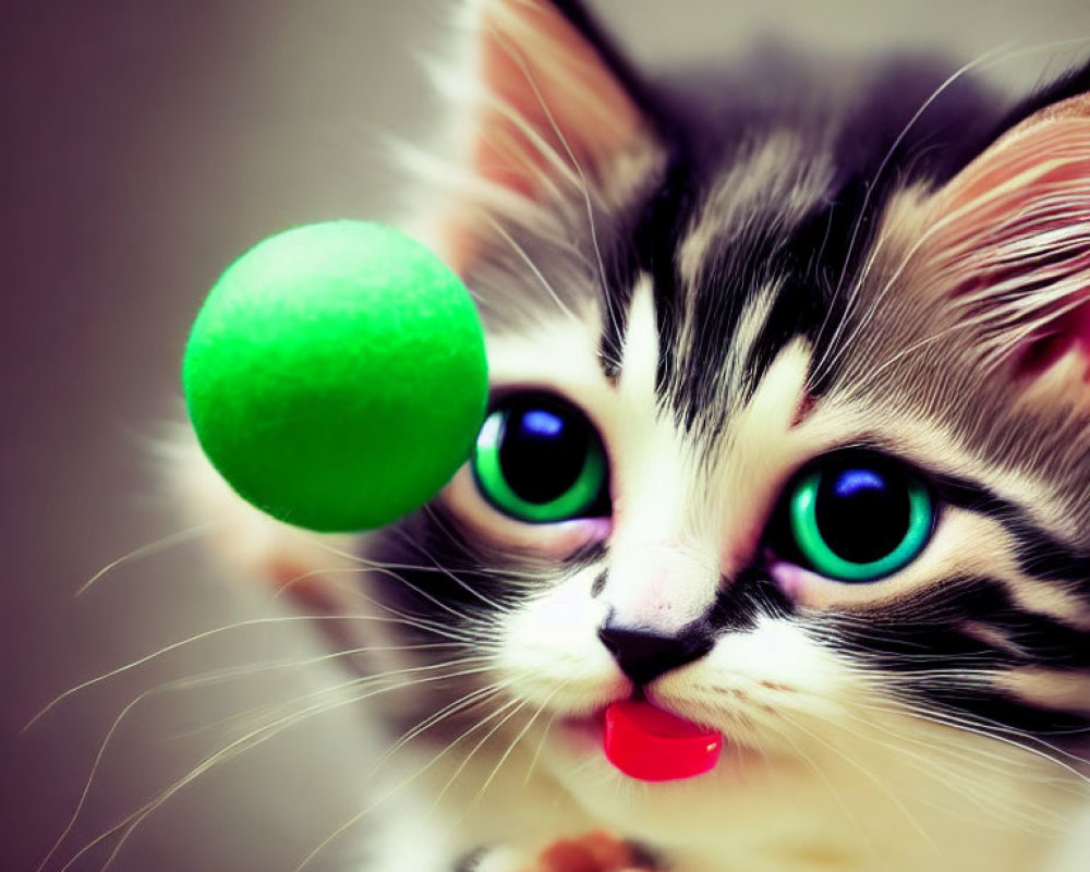 Adorable kitten with blue eyes and fluffy fur playing with green ball