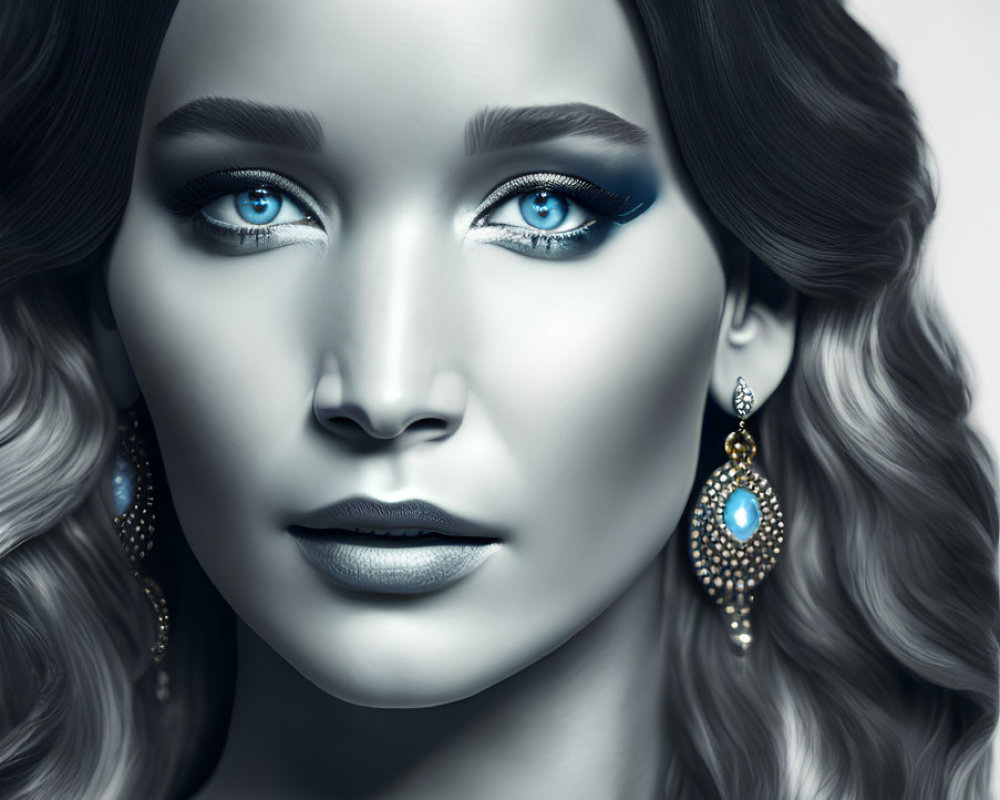 Monochromatic image: Woman with blue eyes, wavy hair, teardrop earrings