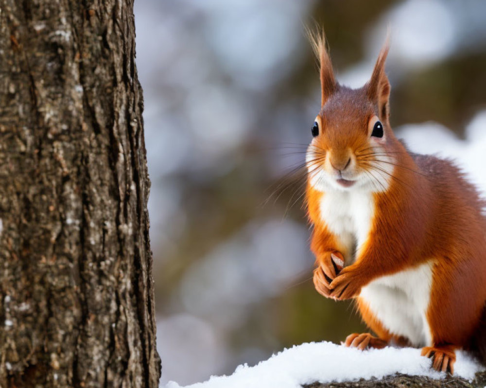 Red squirrel on snow-covered branch in winter scene