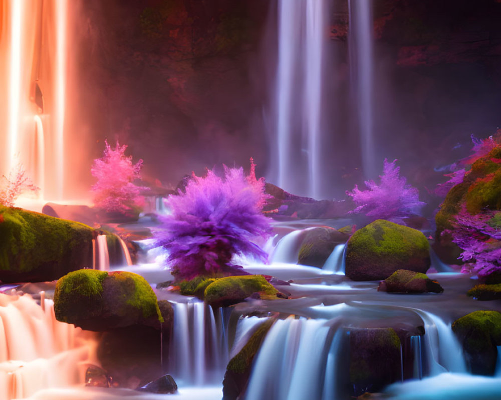 Vibrant orange light cascades over surreal waterfall in mystical landscape