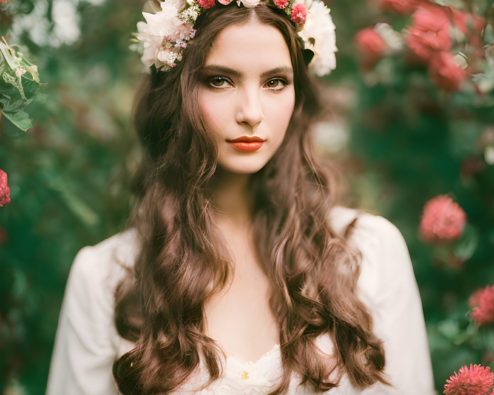 Woman with Floral Crown and Vintage Dress Surrounded by Blossoming Flowers