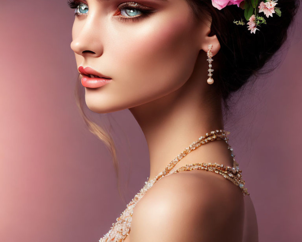 Woman with Pink Floral Hair Accessories in Embellished Dress on Pink Background