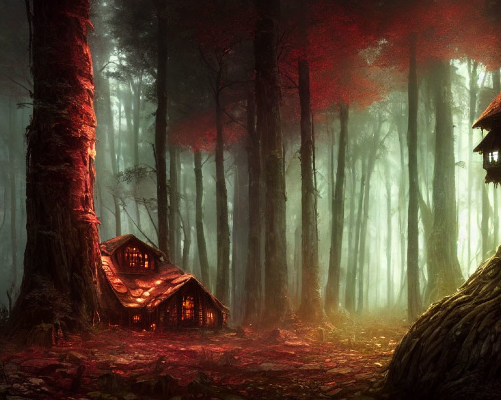 Illuminated small cottage in mist-filled forest with red foliage