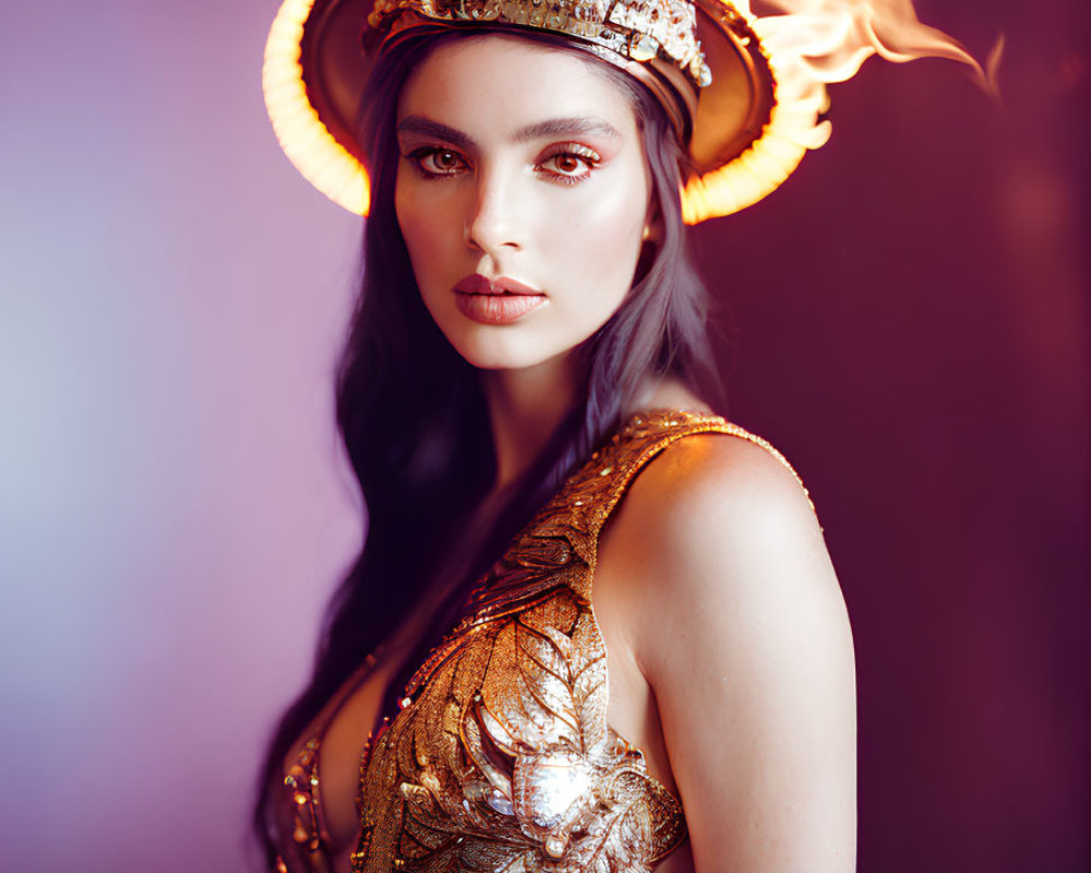 Woman in Golden Leaf Outfit with Flaming Crown on Purple Background