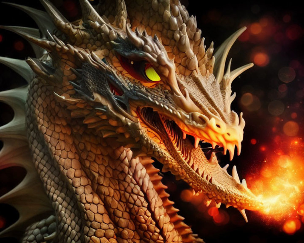 Fiery dragon with scales and sharp teeth breathing flames on dark background