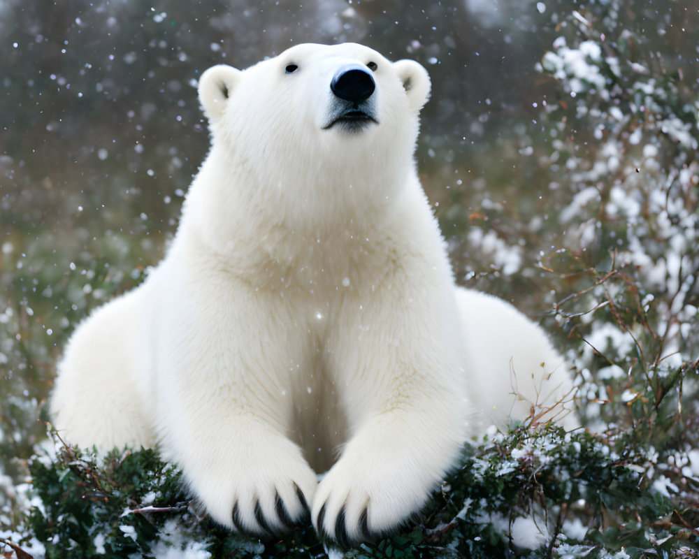 Polar bear resting on snowy shrub under falling snowflakes