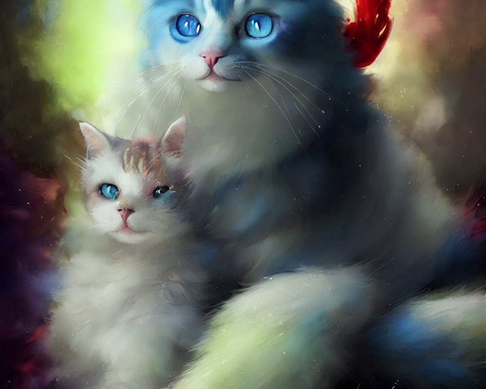 Fluffy cats with blue eyes on colorful, nebulous background