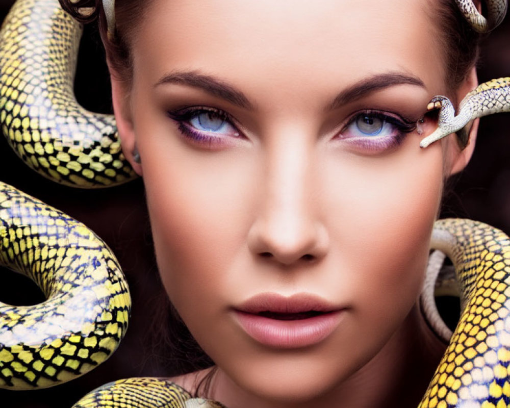 Woman's Face Intertwined with Vibrant Snakes in Contrasting Image