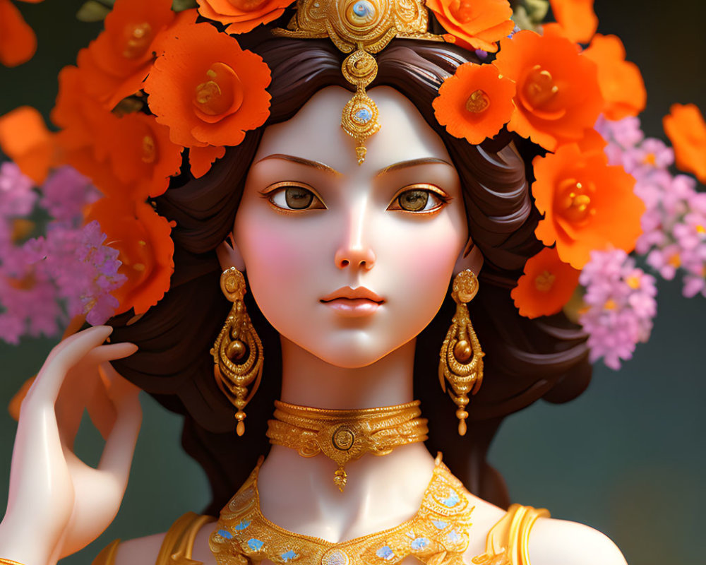 3D illustration of woman with ornate gold jewelry and headdress with orange flowers