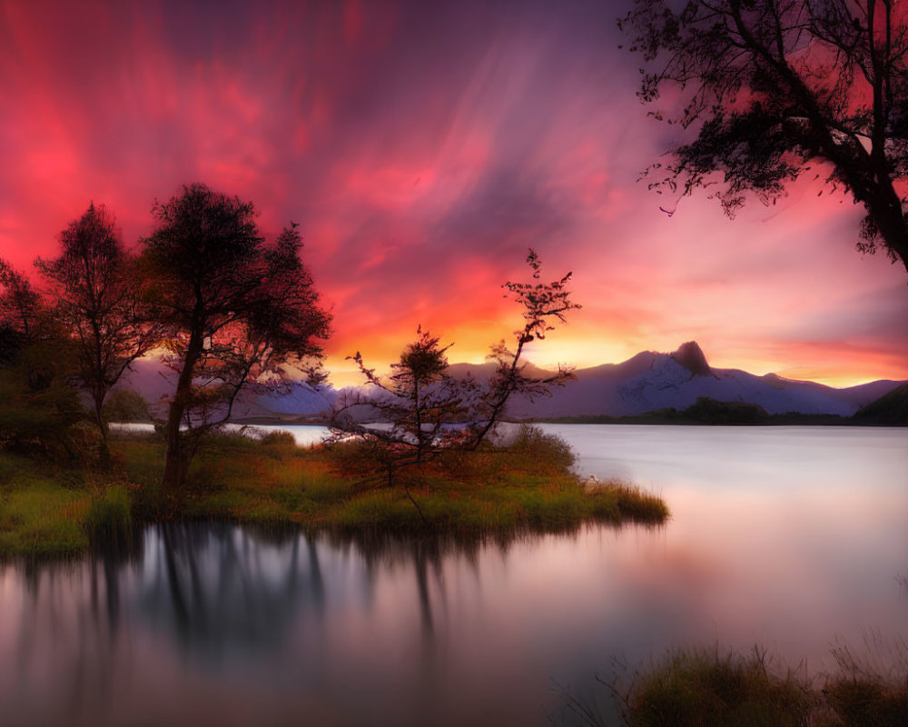 Tranquil sunset scene: pink clouds, silhouetted trees, mountain reflection