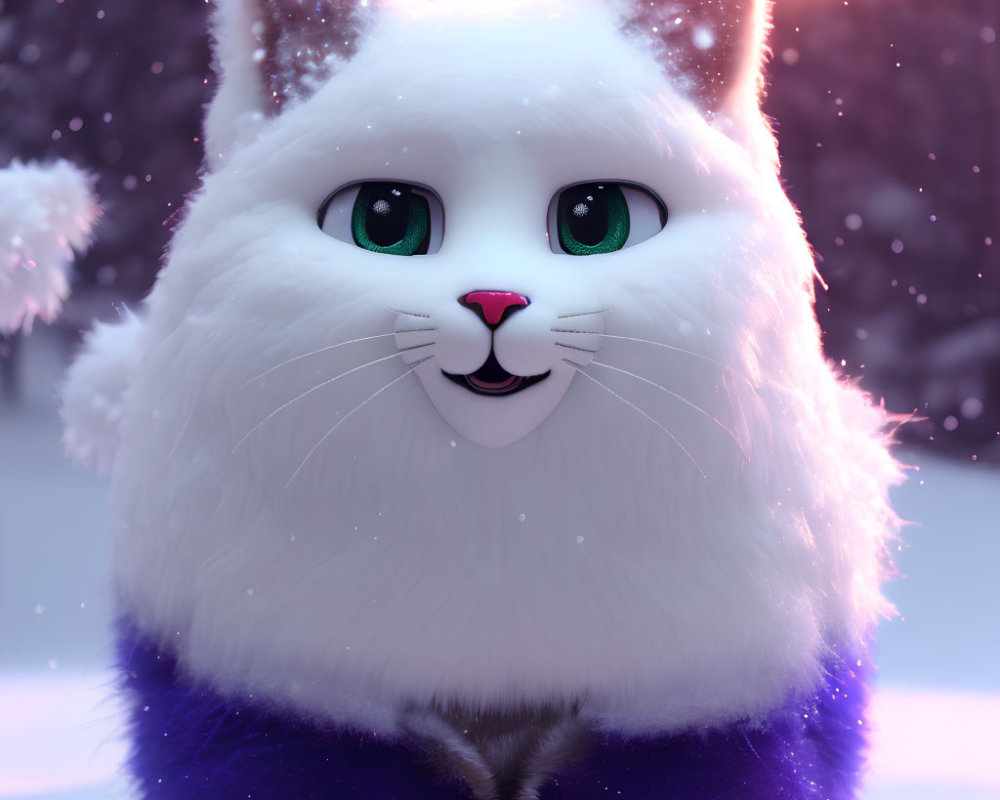 White Cat with Green Eyes in Snowy Landscape with Purple Collar