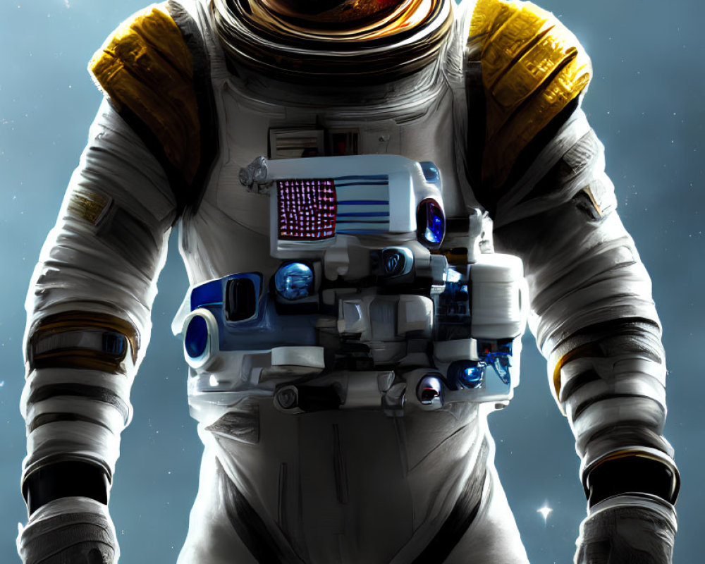 Astronaut in American flag spacesuit against starry backdrop.