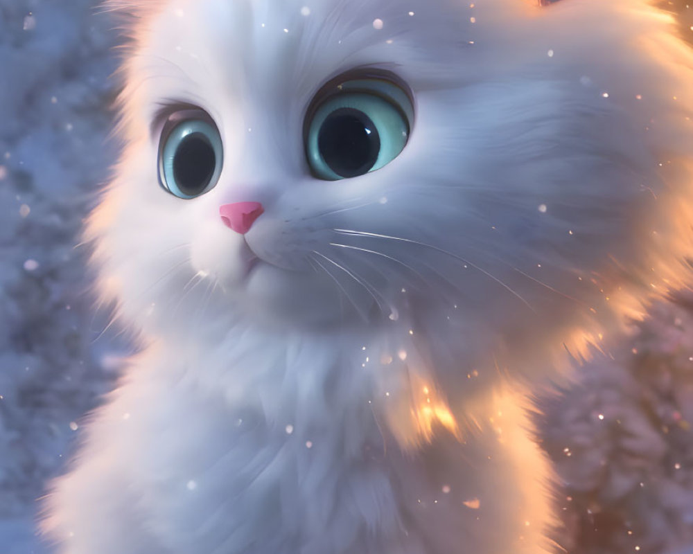 Fluffy White Cat with Green Eyes in Snowfall